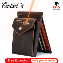 Contact's Free Engraving Genuine Leather Card Wallet Slim Money Clip Brand Money Case with Coin Pocket Men Bifold Wallets RFID 2024 - buy cheap