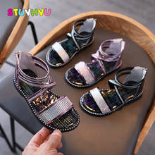 Sapatos romanos de verão para crianças, sandálias de princesa com strass, sola macia, sapatos baixos, de couro patenteado, sapatos para meninas crianças, preto, rosa 2024 - compre barato