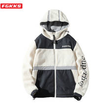 FGKKS Модные мужские куртки с плюшевым капюшоном в стиле пэчворк, мужская куртка, пальто, Брендовое теплое пальто Harajuku, зимние толстые куртки для мужчин 2024 - купить недорого