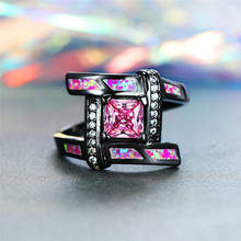 Pequeño anillo de compromiso con ópalo de fuego para mujer, sortija de boda de oro negro, color rosa, cuadrado, estilo bohemio 2024 - compra barato