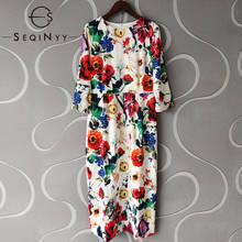 SEQINYY-vestido elegante de primavera y verano para mujer, nuevo diseño de moda, pasarela, estampado de flores coloridas, Midi ajustado 2024 - compra barato