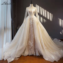 Lhuilier Elegant Champagne Tulle Wedding Dresses Beaded Long Sleeves 2 In 1 Floor Length Detachable Train Bridal Dress 2024 - buy cheap