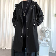 Men'S Windbreaker Jacket Long Trench Oversize Loose Streetwear Hooded Vintage Black Coats High Street Casual Male Outerwear New 2024 - buy cheap