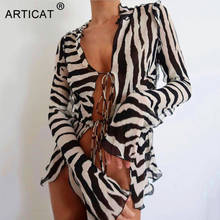Articat New Zebra Pattern Bandage Sexy Chiffon Blouse For Women Streetwear Slim Casual Female Long Sleeve Beach Zebra Shirts 2024 - buy cheap