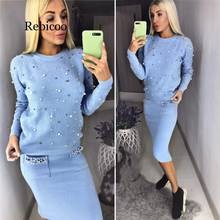 Women Two Piece Warm Set O-Neck Pearl Beading Knitted Pullover  Pencil Skirt Women Elegant 2 Piece Suits 2024 - buy cheap