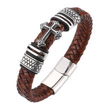 Yage pulseira masculina de couro trançado, 12mm de largura, aço inoxidável 316l, feita em cruz, braceletes com punho, joias masculinas da moda 2024 - compre barato