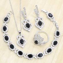 Conjuntos de joyería de plata para mujer, pulseras semipreciosas negras, collar, colgante, pendientes, anillos, caja de regalo 2024 - compra barato