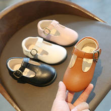 Однотонные кожаные туфли для девочек, детские повседневные кроссовки на плоской подошве с T-образным ремешком, классические черные, коричневые туфли для малышей, весна 15-30 2024 - купить недорого