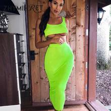 ZHYMIHRET 2021 Summer Neon Color Two Pieces Set Dress Women Sexy Ribbed Crop Top And High Waist Long Vestidos Two Piece Outfits 2024 - buy cheap