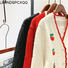 Зимний женский свитер, пальто, модный короткий корейский Кардиган с мультяшным рисунком вишни с длинным рукавом и V-образным вырезом, повседневная женская трикотажная куртка 2024 - купить недорого