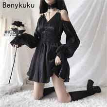 Gothic Black V Neck Hollow Out Mini Dresses Women Sexy Off Shoulder Sling Dress Female Long Sleeve A Line Goth Punk Short Dress 2024 - buy cheap