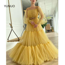 YUNUO Maxi Tulle Evening Dresses Long Illusion O-neck Lantern Sleeve Crystals Prom Gowns вечерние платья Formal Party Dress 2024 - buy cheap