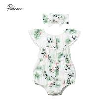 2019 Brand Flamingo Newborn Baby Girl Clothes Ruffle Sleeve Jumpsuit Headband Ruffle Clollar Tassel Leaf Print Bodysuit Outfit 2024 - buy cheap