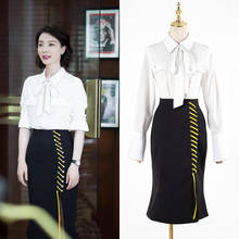 KPOP IU Seo Yea Ji white slim long sleeved bow-knot Lace-up shirt tops+temperament High waist Split skirts two piece set women 2024 - buy cheap