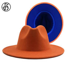 FS Orange Royal Blue Patchwork British Style Formal Wedding Fedora Wide Brim Felt Godfather Hats For Men Women Wool Jazz Hat 2024 - buy cheap