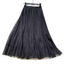 2020 New Spring Summer Skirts Womens Beading Mesh Tulle Skirt Women Elastic High Waist A Line Mid Calf Long Pleated Midi Skirt 2024 - buy cheap