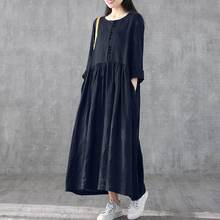 Zanzea vestido kaftan para mulheres, camisa de linho feminina para primavera, casual, manga longa, midi, gola redonda, 2021 2024 - compre barato