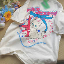 Camisa de verão de estampa de gato vintage, manga curta, gola redonda, camiseta coreana, roupas femininas, camiseta solta, top casual de algodão 2024 - compre barato