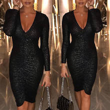 BacklakeGIrls 2020 Deep Sexy V Neck Black Sequined Full Sleeves Cocktail Dress Women Cocktail Party Dresses 2024 - buy cheap