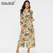 HiloRill Women Shirt Dresses 2021 Floral Print Long Sleeve Casual Dress Turn Down Collar Button Bandage Long Dress Vestido Largo 2024 - buy cheap