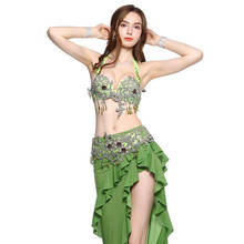 Novo conjunto de roupa de dança do ventre feminino, 2 peças, sutiã, cinto, sexy, verde, frisado, cristal, roupas de dança do ventre 2024 - compre barato