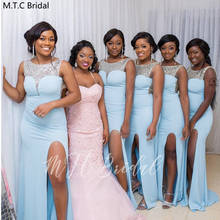 Mint Blue Mermaid African Bridesmaid Dresses Glitter Beading Elastic Satin Long Prom Gowns With Slit Sexy Maid Of Honor Dress 2024 - buy cheap