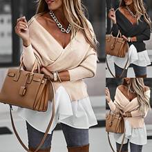 2021 Women Deep V Neck Long Sleeve Patchwork Irregular Blouse Backless Knit Pullover Elegant Rib Knit Patchwork Ruffle Shirt 2024 - buy cheap