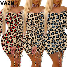 VAZN 2020; Пикантная модная женская обувь леопардовой расцветки; 3 цвета Цвета мини-платье с длинными рукавами с вырезом лодочкой Плиссированное Платье-футляр для молодых девушек сексуальное Клубное платье 2024 - купить недорого