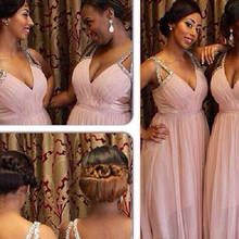 Южно-африканская черная длинная Плиссированная Одежда для девочек, платье подружки невесты с глубоким v-образным вырезом, шифоновое Формальное платье подружки невесты размера плюс на заказ 2024 - купить недорого