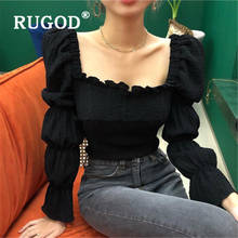 RUGOD Sexy Square Collar Puff Sleeve Blouse Women Fashion Korean Slim High Elastic Shirt Tops Casual Black White Blouse Femme 2024 - buy cheap