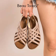 BeauToday Gladiator Sandals Women Calfskin Genuine Leather Elastic Closure Slip-On Summer Lady Hollow Flat Shoes Handmade 33012 2024 - buy cheap