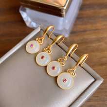 New silver inlaid natural Hetian white jade earrings Chinese style retro unique sand gold craft elegant women's brand jewelry 2024 - buy cheap