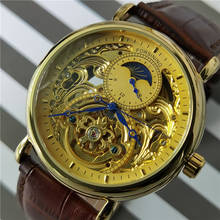 Forsining-reloj mecánico automático para hombre, pulsera de cuero marrón con pantalla dorada de lujo, a la moda, esqueleto de mano azul, resistente al agua, 2020 2024 - compra barato
