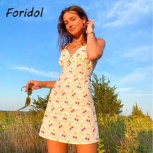 Foridol с вишневым рисунком для девочек белое летнее пляжное платье женское сексуальное платье с тоненькими полосочками, с низким вырезом на спине, с кисточками; Короткие мини винтажное платье праздничное платье 2021 2024 - купить недорого