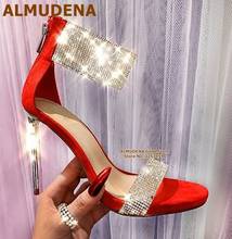 ALMUDENA Glittering Silver Crystal Strap High Heel Sandals Red Black Suede Patchwork Bling Bling Dress Shoes Bride Pumps Size47 2024 - buy cheap