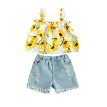 Summer Kids Baby Girl Clothes Outfits Floral Sleeveless Vest Tops+Holes Denim Shorts Casual Girl 2 Pieces Set 2-7Years 2024 - buy cheap