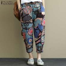 2020 Plus Size ZANZEA Printed Turnip Pants Autumn Women Casual Elastic Waist Cotton Harem Trousers Drop Crotch Pantalons Female 2024 - buy cheap