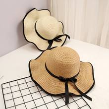 Feminino bowknot palha tecer ondulado aba larga protetor solar praia ao ar livre chapéu de chapéu de sol 2024 - compre barato