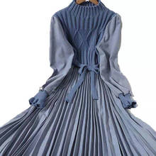 Платье Макси женское на шнуровке, Облегающее вязаное платье в стиле пэчворк, милое плиссированное платье в Корейском стиле с завышенной талией, зимняя одежда 2024 - купить недорого