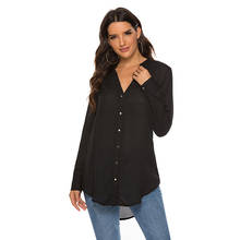 Blusa feminina chiffon manga comprida, camisa feminina botões gola v preta e branca 2024 - compre barato