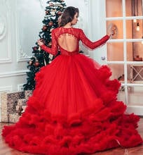 Red Evening Dresses Ball Gown Long Sleeves Tulle Tiered Appliques Beaded Dubai Saudi Arabia Long Prom Dress Gown Robe De Soiree 2024 - buy cheap