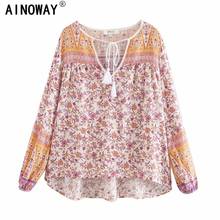 Boho women Tops Vintage Red Floral Print tassel Loose Blouses ladies tie Neck Long Sleeve Beach Shirts bohemian Blusas Mujer 2024 - buy cheap