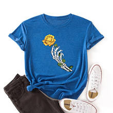 Camiseta de algodón para mujer, camiseta de manga corta con estampado Floral de calavera a mano, Camisetas básicas informales para mujer 2024 - compra barato