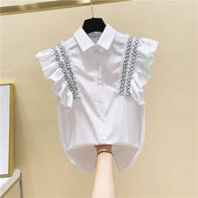 Camisa solta sem mangas feminina, blusas brancas com babados gola virada para mulheres, verão 2021 2024 - compre barato