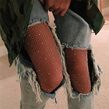 Meia-calça arrastão diamante feminina, meia-calça fashion para mulheres, de nylon slim com strass 2024 - compre barato