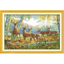 Joy Sunday-punto de cruz con estampado de cinco ciervos en el bosque, juego de costura bordada hecha a mano, 14CT, 11CT 2024 - compra barato