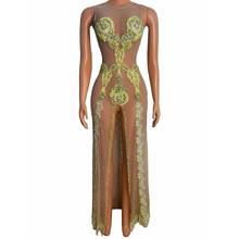 New Sparkly Rhinestone Mesh Transparent Split Long Dress Women Birthday Celebrate Evening Prom Outfit Singer Dancer Show Wear 2024 - buy cheap