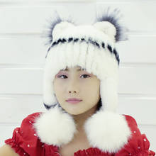 Girls Fur Hat winter warm ear hats with diamond hand knitted solid rabbit fur with fox fur fluffy fashion bomber hat 2024 - buy cheap