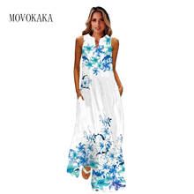 MOVOKAKA 2021, длинное синее платье с принтом, Женский Сарафан Макси, без рукавов, элегантное платье, повседневные платья, летние 2024 - купить недорого