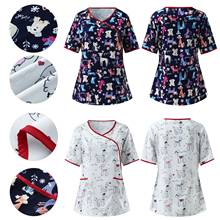 Women Cute Cartoon Animal Printed Nurse Uniform Protective Clothing Care Worker Summer Short Sleeve Top Clinic Loose T shirt Tee 2024 - buy cheap